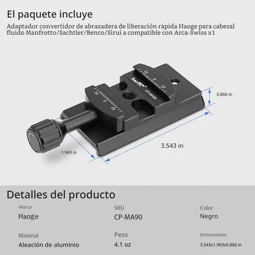 Vista 9 de Haoge CP-MA90 Adaptador de abrazadera QR de placa de liberación rápida para cabezal de video líquido Manfrotto para trípode seleccionado a Adaptador