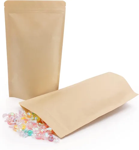 Vista 10 de SumDirect Bolsas de pie de papel kraft – Paquete de 50 bolsas reutilizables con cremallera de 3.5 x 5.5 pulgadas con forro de aluminio para el hogar