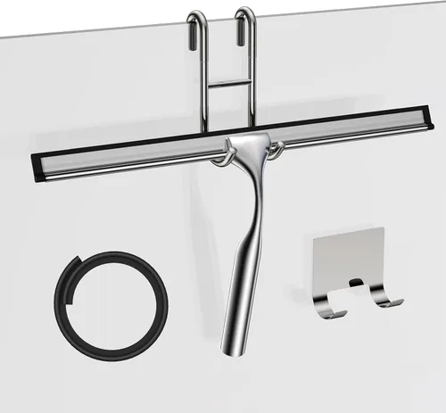 Vista 13 de Shower Squeegee for Glass Doors, 10-Inch Stainless Steel Squeegee Bathroom Doors Mirror Car Windows with Matching Hooks Holder and Replacement Blade