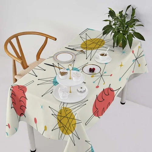 Vista 55 de Mantel retro moderno de mediados de siglo, diseño de colores retro de los años 50, resistente al agua, mantel lavable para cocina, comedor, fiesta