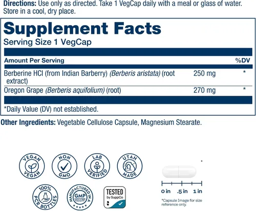 Vista 2 de SOLARAY Berberina 250mg - Suplemento de berberina para un estilo de vida saludable y activo - con berberina HCl de Indian Barberry Plus Oregon Grape