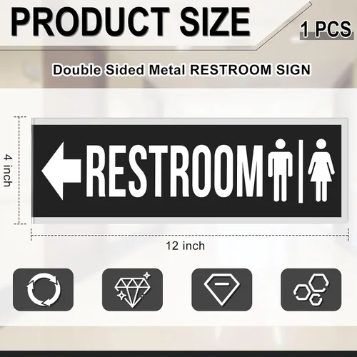 Vista 2 de Flutesan 1 letrero de metal de doble cara para baño, 12 x 4 pulgadas, bandera de baño de aluminio negro para negocios, baño, puerta, baños