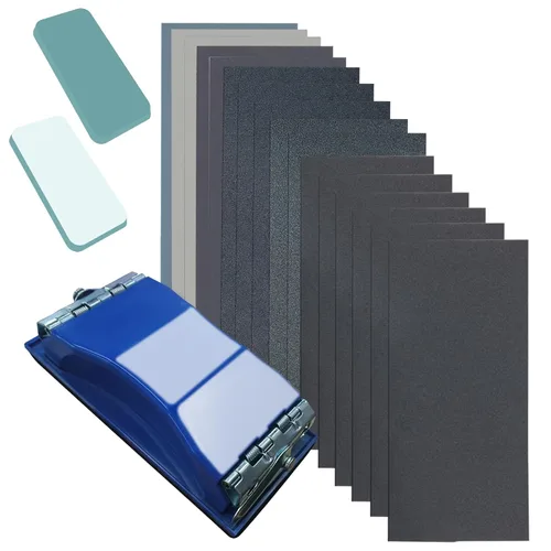 Vista 8 de Juego de papel de lija húmedo y seco, 42 hojas de grano 120 a 3000 con bloque lijador, para acabado de muebles de madera, lijado de metal y pulido