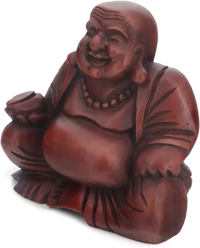 Vista 3 de Buddha Groove Estatua de Buda feliz de Polystone Hotei con acabado de caoba para uso en interiores