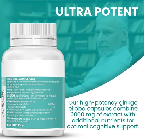 Vista 3 de Healthy Care Ginkgo Biloba 2000 mg 100 cápsulas hechas en Australia