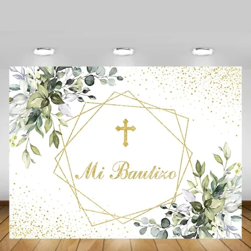 Vista 5 de MEHOFOND Mi Bautizo - Telón de fondo para fiesta de bautismo mexicano, suministros para primera comunión recién nacido, baby shower, fondo dorado
