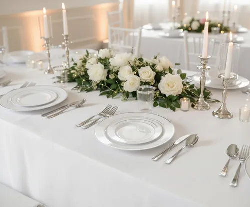 Vista 3 de Occasions" - Juego de vajilla de 180 piezas/20 invitados, platos de plástico desechables para boda, vasos de borde plateado y servilletas de tacto