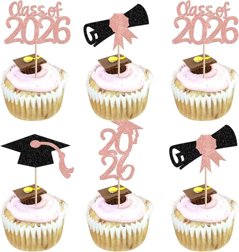 Vista 26 de 30 piezas de decoración para cupcakes de graduación para la clase de 2026 con purpurina brillante para el futuro diploma hecho 2026 Felicidades