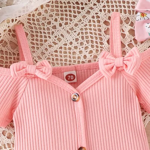 Vista 3 de DUBASAM Conjunto de trajes de verano para bebé niña, con hombros descubiertos, botones, de punto, acanalado, overol floral, pantalones acampanados +