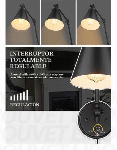 Vista 2 de LIROUVET Juego de dos apliques de pared enchufables, lámpara de pared con brazo oscilante ajustable, apliques industriales con interruptor