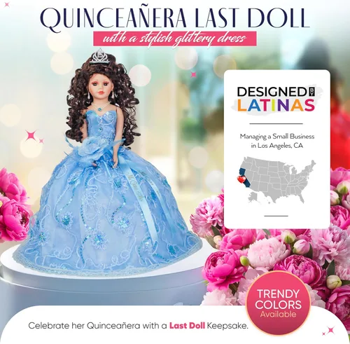 Vista 3 de KINNEX COLLECTIONS SINCE 1997 Muñeca de porcelana de 18 pulgadas de paraguas de quinceañera (Quince Años) KK18725-4 (Azul bebé)