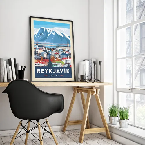 Vista 2 de Reykjavík - Póster de viaje de Islandia Reykjavík para decoración de pared de Reykjavík, ilustración de viaje, póster de Islandia, día de San