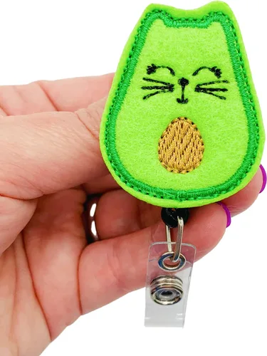 Vista 2 de Avocado Cat Badge Reel, Retractable Green Kitten ID Holder, Fruit Animal Name Tag Clip (alligator swivel clip)