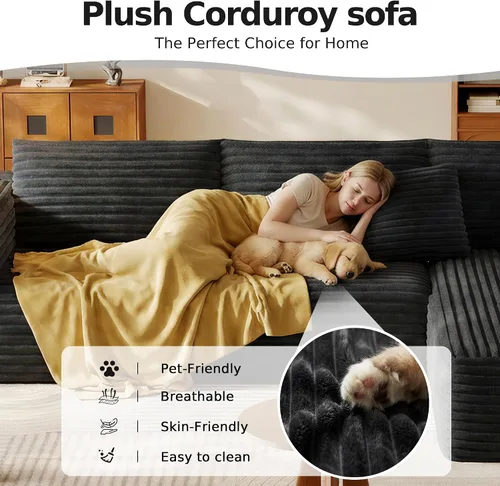 Vista 3 de Sofá modular de 108.2 pulgadas con asiento profundo, sofá de pana en forma de L sin hueso, comodidad moderna, sofá nube de gran tamaño para sala