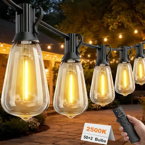 Vista 11 de Guirnalda de luces para exteriores de 25 pies, luces impermeables para patio con bombillas Edison ST38 vintage inastillables, luces colgantes