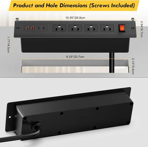 Vista 6 de Kungfuking Regleta de alimentación empotrable USB C de 65 W, con certificación UL, salida de montaje empotrado para muebles con USB, interruptor