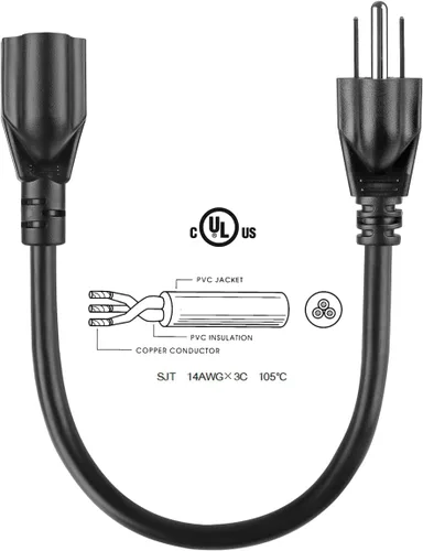 Vista 2 de VSEER Cable de extensión resistente de 1 pie 1875 W 15 A, protector de salida de 3 puntas, 14 AWG, cable de extensión de alimentación corto, negro