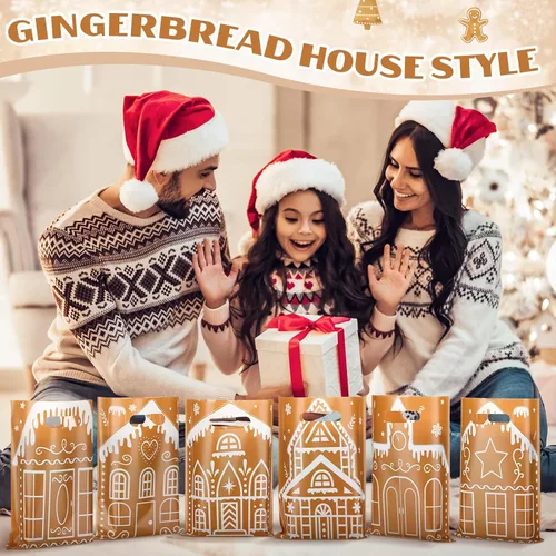 Vista 6 de Sinmoe 200 bolsas de plástico de Navidad a granel, bolsa de regalo de mercancía de Navidad con asa de 9 x 12 pulgadas, reutilizable, bolsa de regalo