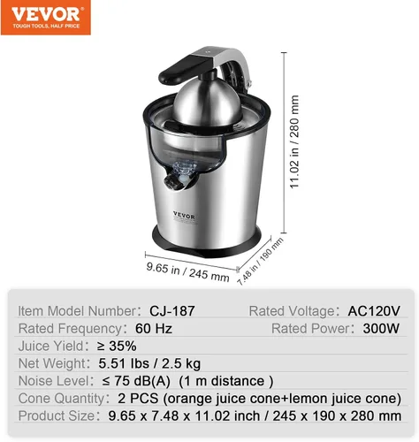 Vista 7 de VEVOR Exprimidor eléctrico de cítricos, exprimidor de jugo de naranja con conos de jugo de dos tamaños, máquina de jugo de naranja de acero