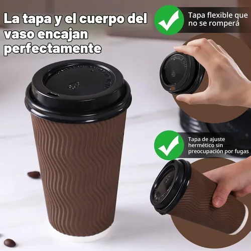 Vista 5 de Tazas de café de papel desechables aisladas de 16 onzas con tapas Marrón