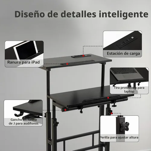 Vista 9 de Hadulcet Escritorio móvil de pie con estación de carga, escritorio ajustable para computadora de pie, carrito ajustable para laptop con ruedas