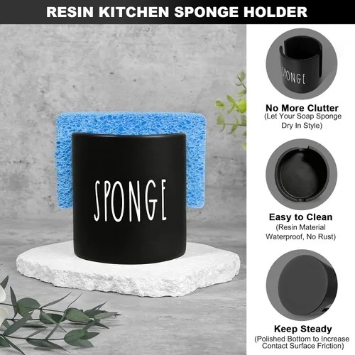 Vista 5 de Dispensador de jabón para platos para cocina, dispensador de jabón de platos de vidrio con soporte para esponja, juego de dispensador negro