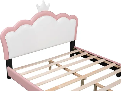 Vista 8 de Cama de princesa rosa con cabecera corona, cama de plataforma tamaño matrimonial, tapizada, no necesita somier