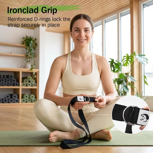 Vista 4 de Correa de yoga Slim Panda para estiramiento, Correa de yoga de algodón con hebilla ajustable en forma de D, Correa de yoga no elástica para pilates