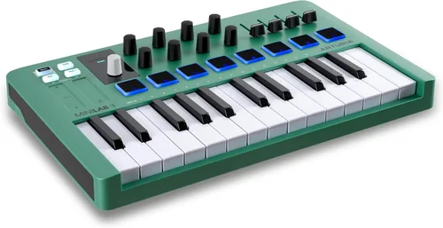 Vista 2 de Arturia MiniLab 3: controlador de teclado MIDI USB de edición limitada de 25 teclas verde menta con 8 almohadillas de batería multicolor, 8 perillas