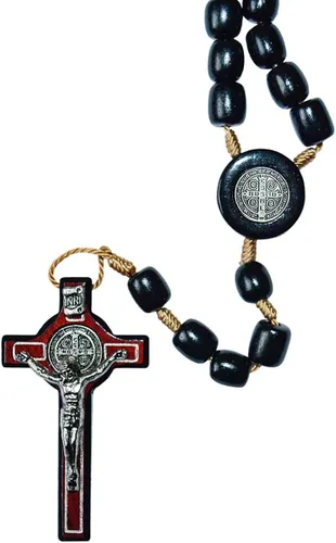Vista 2 de Catholica Shop Collar de cruz de plata con cuentas de madera Rosario I Religious Wear Saint Benedict I Collar de cruz negra para hombres y mujeres I