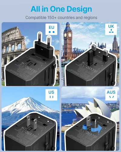 Vista 3 de VINTAR - Adaptador de viaje universal, adaptador de corriente internacional GaN de 70 W con 5 puertos USB (3 USB-C), adaptador de enchufe de viaje