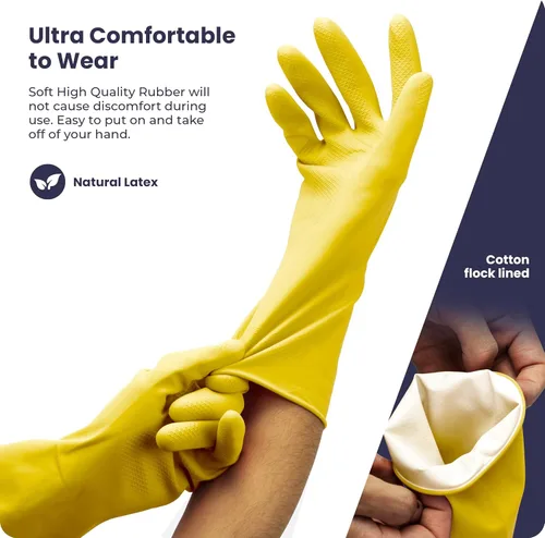 Vista 3 de Guantes para lavar platos, guantes de goma, guantes de cocina amarillos, guantes largos para protección de manos y trabajo
