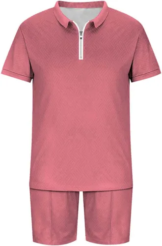 Vista 3 de Conjunto de 2 piezas de lino para hombre, conjunto corto de 2 piezas, conjunto de chándal de verano de manga corta con cremallera