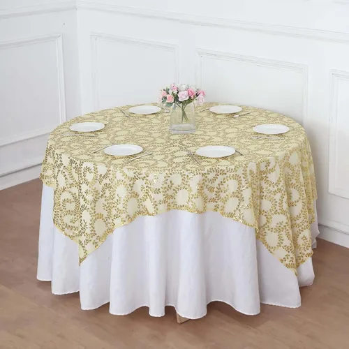 Vista 3 de Efavormart - Superposición de mesa de tul bordado de hojas de lentejuelas doradas de 72 x 72 pulgadas, mantel cuadrado transparente