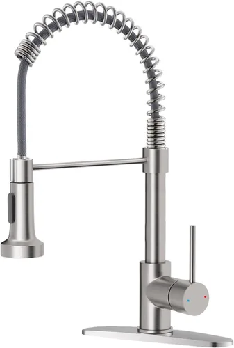 Vista 19 de Grifos de cocina con rociador de latón sólido con níquel de cepillado industrial, de una sola manija, grifo para granja, campamento, lavandería.