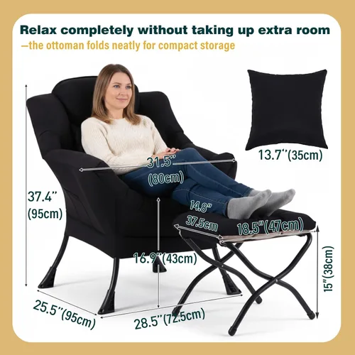 Vista 2 de Silla perezosa con otomana, moderna silla de descanso con reposabrazos y una almohada, juego de silla de sofá de ocio, silla de lectura