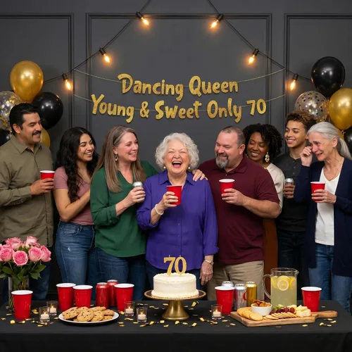 Vista 9 de Cartel con purpurina dorada preencordada con la reina bailarina Young & Sweet Only 70 – Decoraciones de cumpleaños 70 para hombres y mujeres