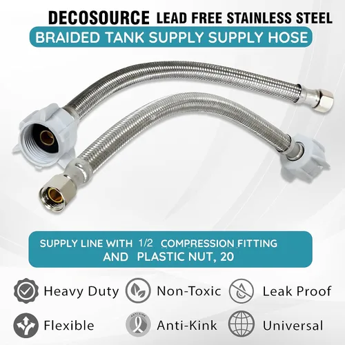 Vista 3 de Conector de inodoro DecoSource - Manguera de inodoro trenzada de acero inoxidable con rosca FIP de 1/2 pulgada x rosca hembra de 7/8 para válvula