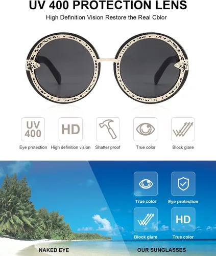 Vista 4 de SKYWAY Gafas de sol redondas de gran tamaño retro brillantes para mujer, estilo hippie clásico, protección solar 400
