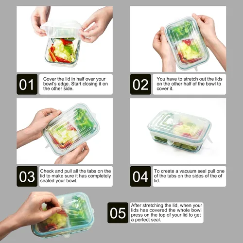 Vista 5 de Hanna Roberts Paquete de 12 tapas elásticas de silicona para alimentos, forma redonda y rectangular, sin BPA, tapas reutilizables y ecológicas. El