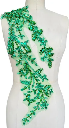 Vista 27 de Parches de lentejuelas brillantes de acrílico hechos a mano en encaje, con cuentas y piedras, para coser, accesorios para vestido de novia (negro)