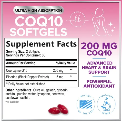 Vista 2 de Coenzima Q10 200 mg por porción Suplemento – Ultra alta absorción, antioxidante para la salud del corazón y apoyo a la producción de energía – CoQ10