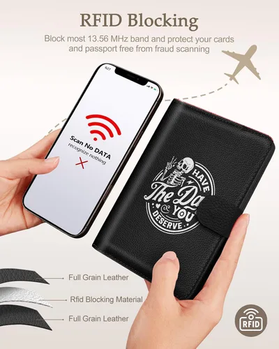 Vista 5 de Slohif Funda para pasaporte para viajes, para mujeres y hombres, bloqueo RFID, protector de pasaporte para tarjetas de tarjeta de embarque, Negro