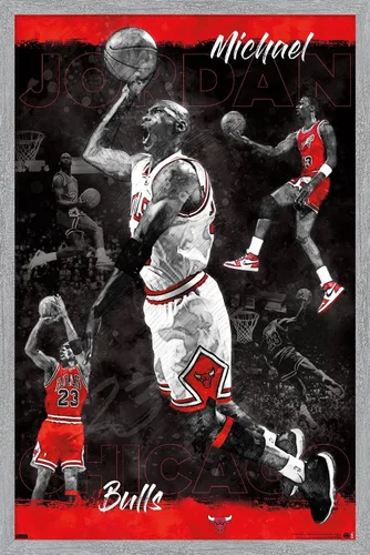 Vista 16 de Trends International Michael Jordan - Póster de pared de bosquejo, 14.725 x 22.375 pulgadas, versión enmarcada de madera de granero Versión