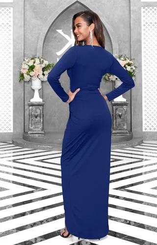 Vista 5 de KOH KOH - Vestido largo de cóctel drapeado de manga larga para mujer, estilo formal, con cuello en V