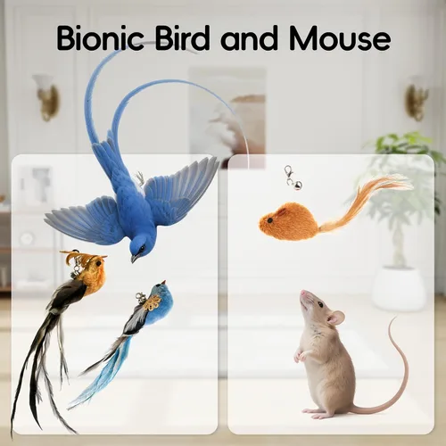 Vista 2 de Juego de juguetes interactivos de simulación de plumas de gato, varita retráctil para gatos, base de ventosas, incluye 7 piezas desmontables