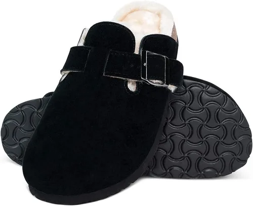 Vista 7 de Zuecos de corcho para mujer, zuecos de cuero de gamuza de vaca, plantilla suave, zuecos de corcho forrados de felpa, zuecos antideslizantes forrados