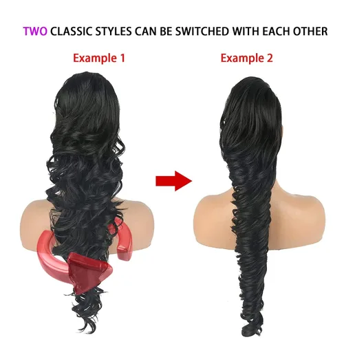 Vista 2 de KRSI Extensión de cola de caballo larga y ondulada con cordón, 28 pulgadas, 1B#, para mujeres, clip de cabello negro, cabello sintético, extensión