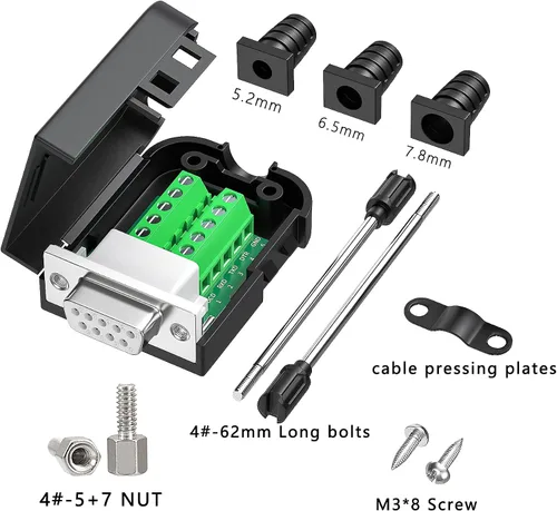Vista 3 de 2 adaptadores hembra DB9, fácil de usar, cable serie RS232/485, no necesita soldadura, conectores serie DB9 con pernos, tuercas, tubos traseros