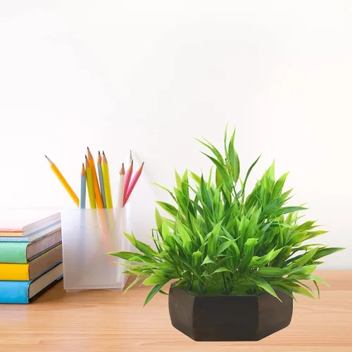 Vista 6 de Planta artificial de hojas de bambú (verde) con maceta hexagonal de madera (marrón), altura 7.9 in, plantas artificiales para decoración del hogar